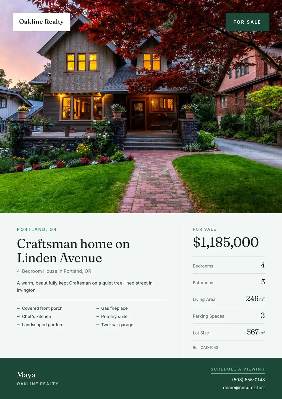 Printable flyer generated by Circumz from the same listing