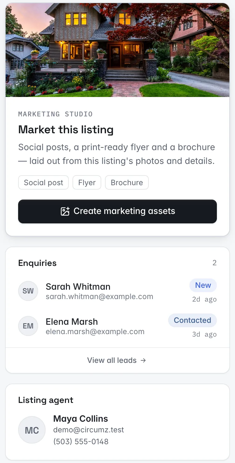 Property sidebar showing marketing, enquiries, and the assigned listing agent
