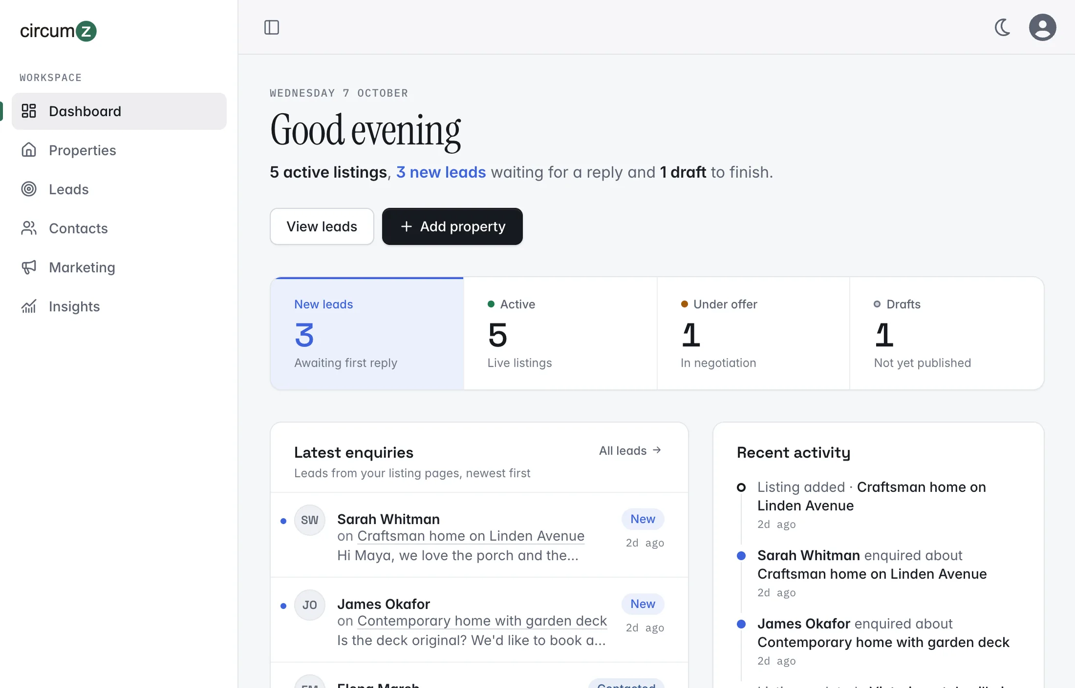 The Circumz dashboard: active listings, new leads, latest enquiries and recent activity
