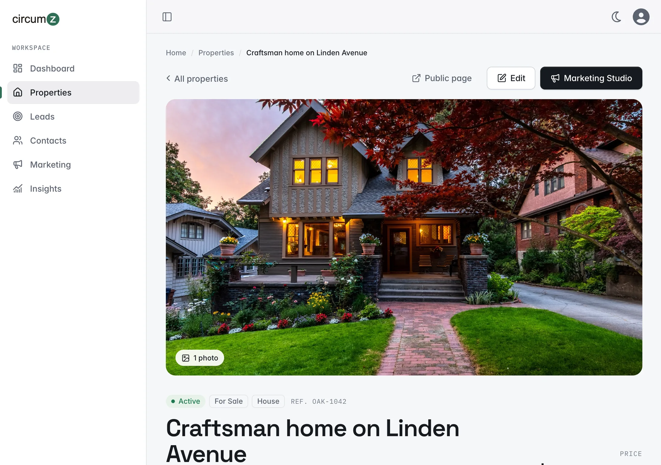 The Circumz property page for a Craftsman home on Linden Avenue, with photo, price, status, and property facts