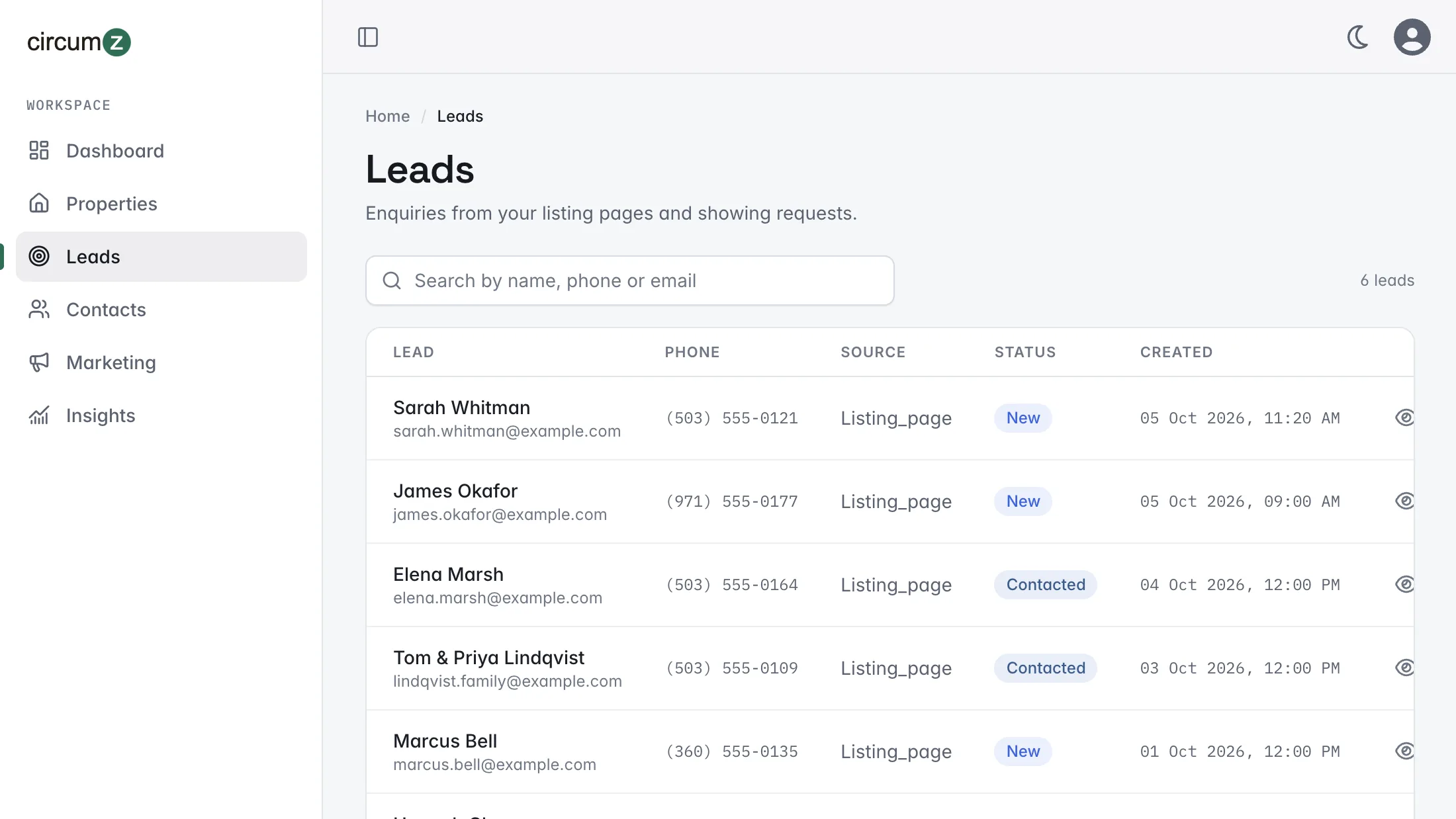 The Circumz Leads list with name, phone, source, status and date for each enquiry