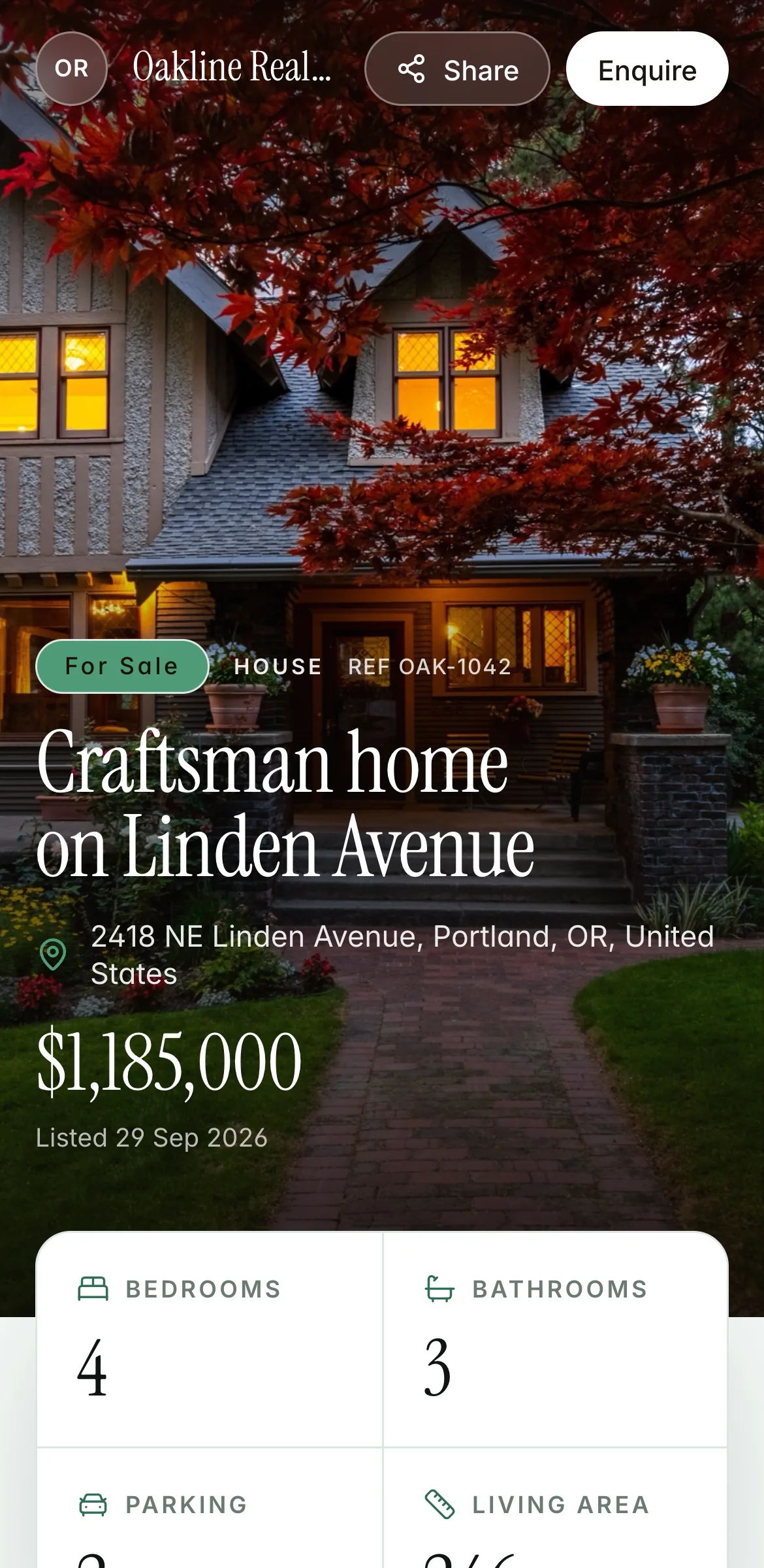 The public property page Circumz publishes for the listing, on a phone