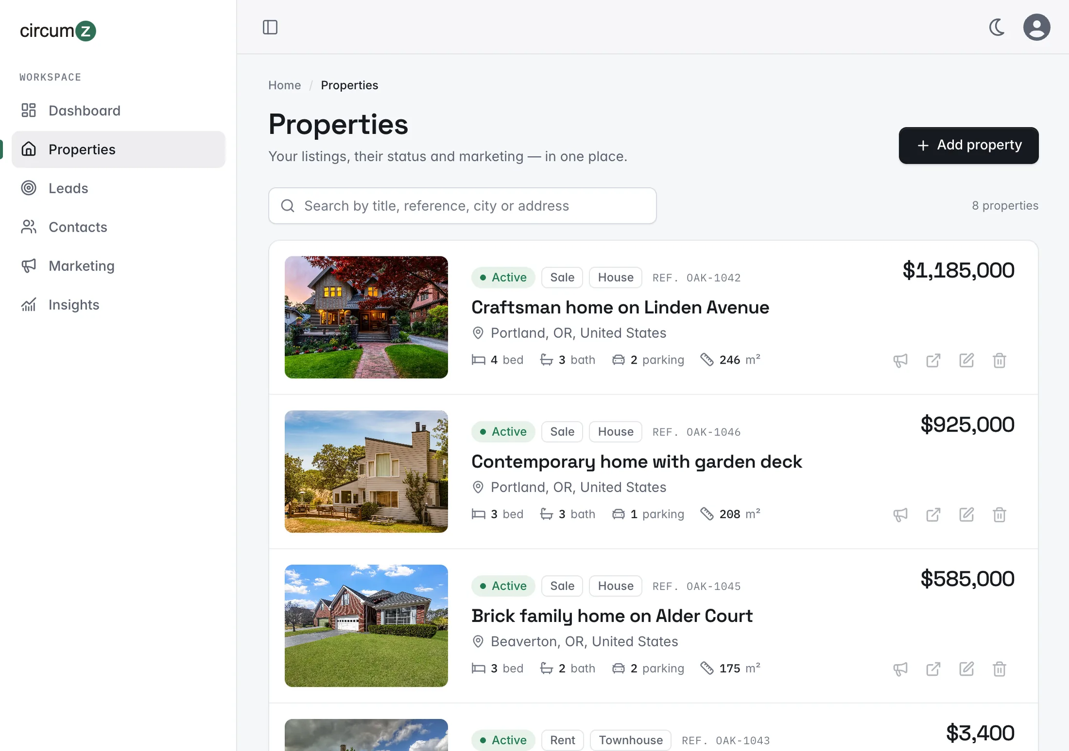 The Circumz Properties list with photos, status, price, location and facts for each listing