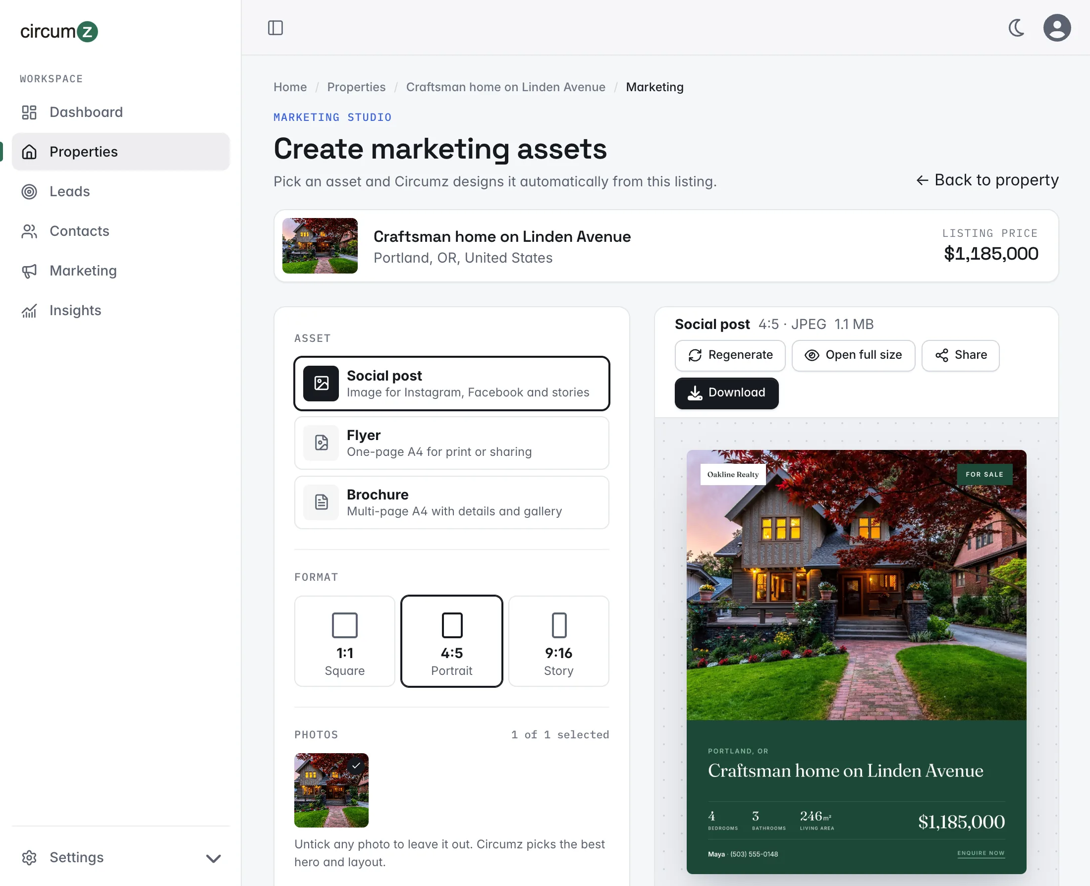The Circumz Marketing Studio with Social post, Flyer and Brochure options, format choices and a generated 4:5 social post preview