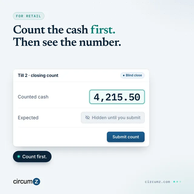 Till closing screen where the counted cash is entered while the expected amount stays hidden until the count is submitted.