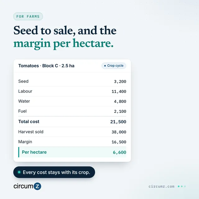 Cost sheet for one crop cycle listing seed, labour, water and fuel, then harvest sold, margin and margin per hectare.