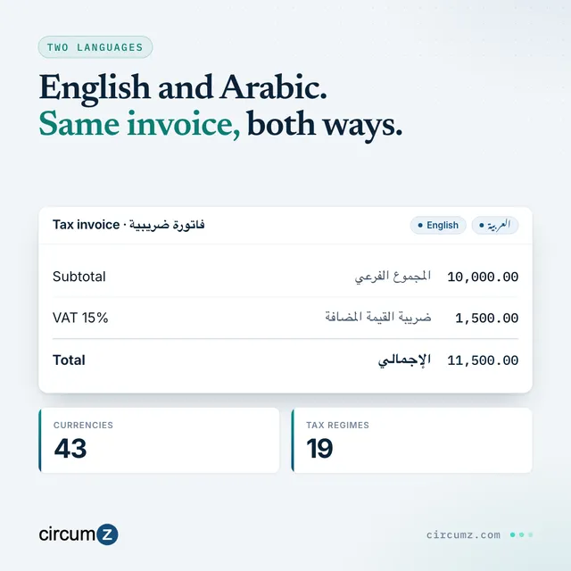 A bilingual tax invoice in English and Arabic, with the numbers 43 for currencies and 19 for country tax regimes.
