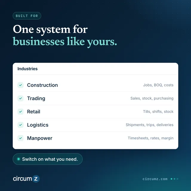 List of the industries Circumz is built for: construction, trading, retail, logistics and manpower supply.