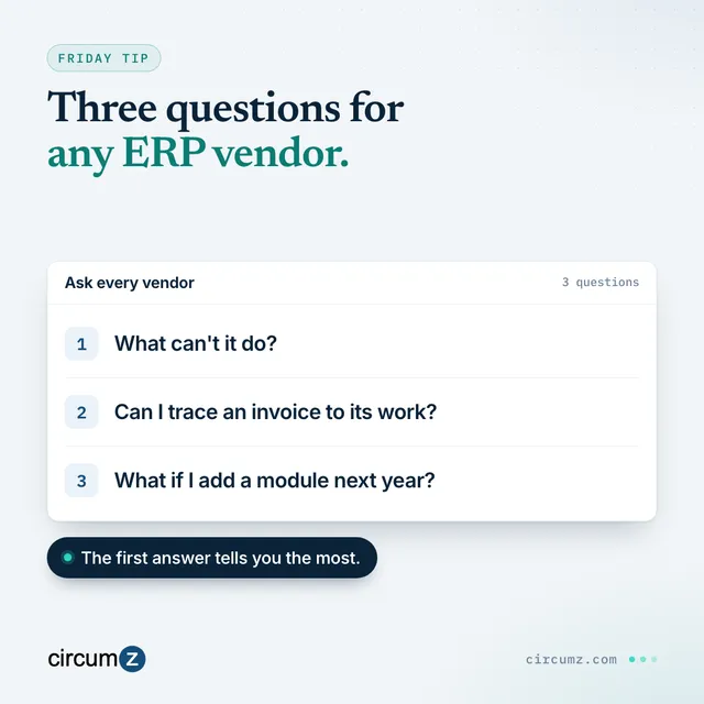 Three questions to ask any ERP vendor: what can't it do, can I trace the number on an invoice to the work behind it, and what happens when I add a module next year.